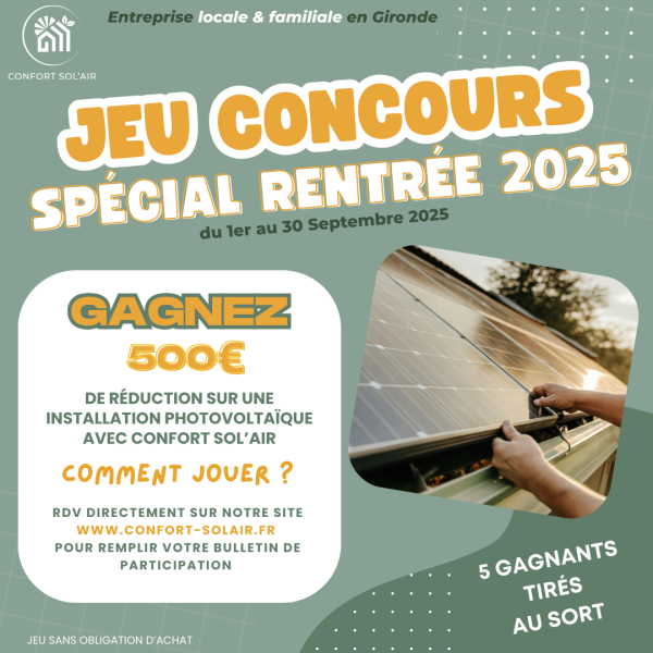 Jeu concours pour gagner réduction sur installation photovoltaïque  à Léognan ou en Gironde
