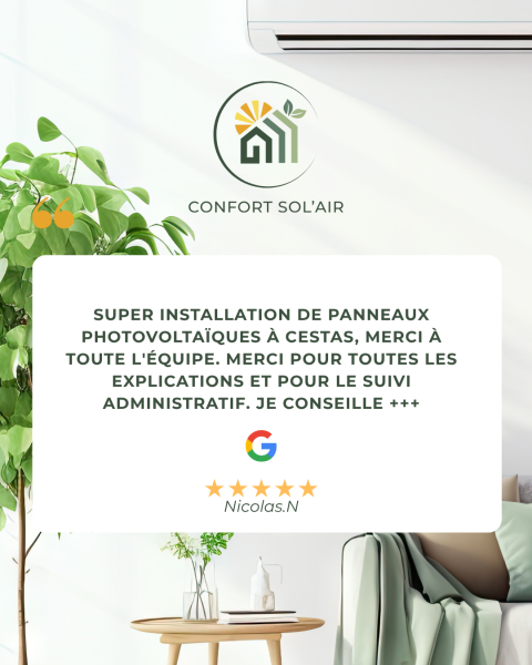 Avis Confort Sol'air installation photovoltaïque à Cestas en Gironde