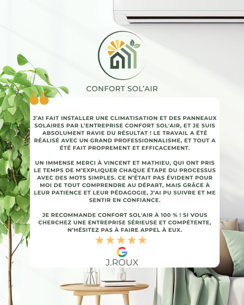 Avis cliente Confort Sol'air pour installation de panneaux photovoltaiques et climatisation à La brède en Gironde